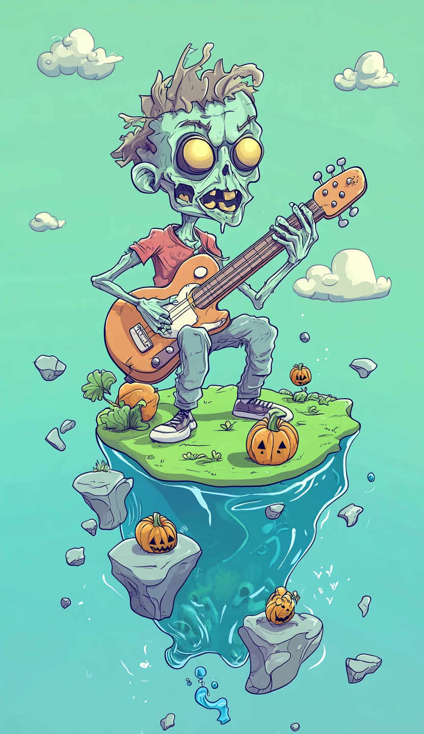 A Halloween zombie plays guitar on island