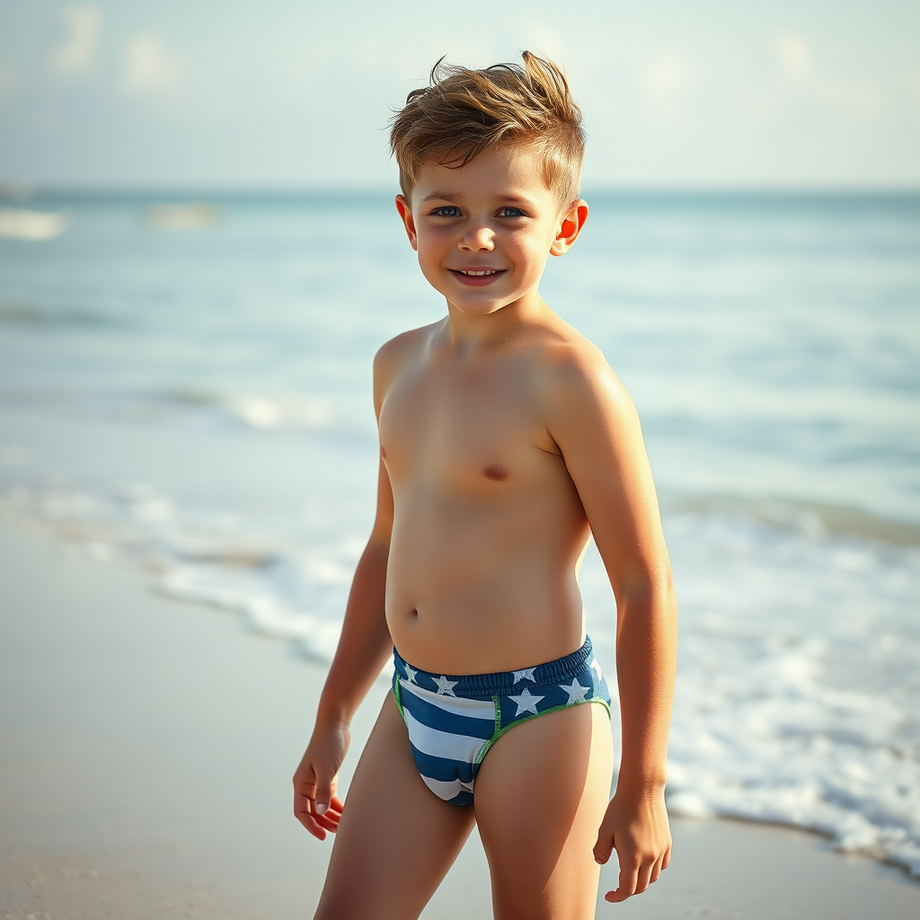 A Handsome 13-Year-Old Boy Models at Beach.