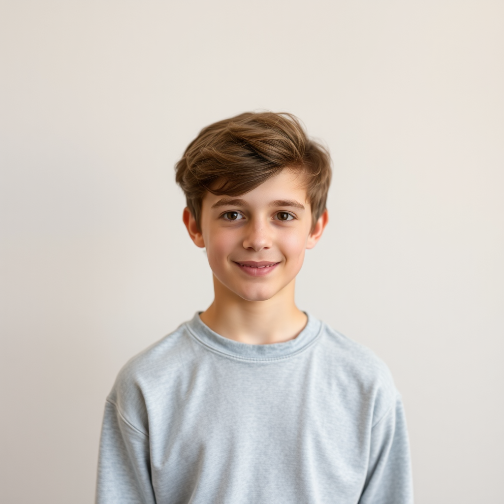 A Handsome 13-Year-Old Caucasian Boy Modeling Shirt