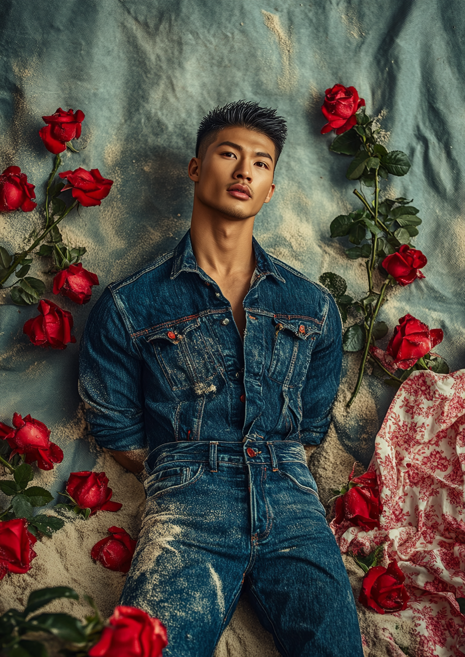 A Handsome Asian Man in Denim Outfit