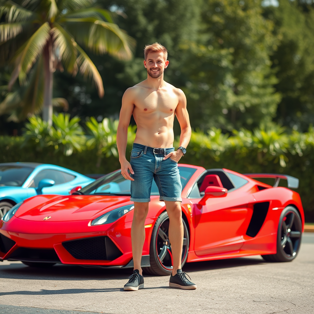 A Handsome Guy Standing on Shiny Sports Car.