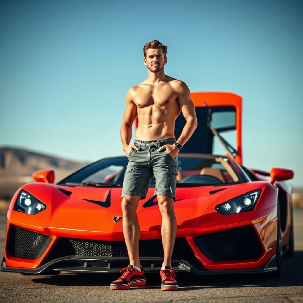 A Handsome Man Standing on Top of Sports Car