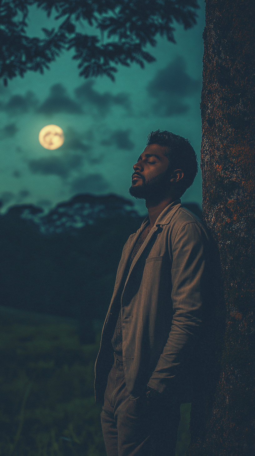 A Handsome Sri Lankan Man Standing under Moonlit Tree