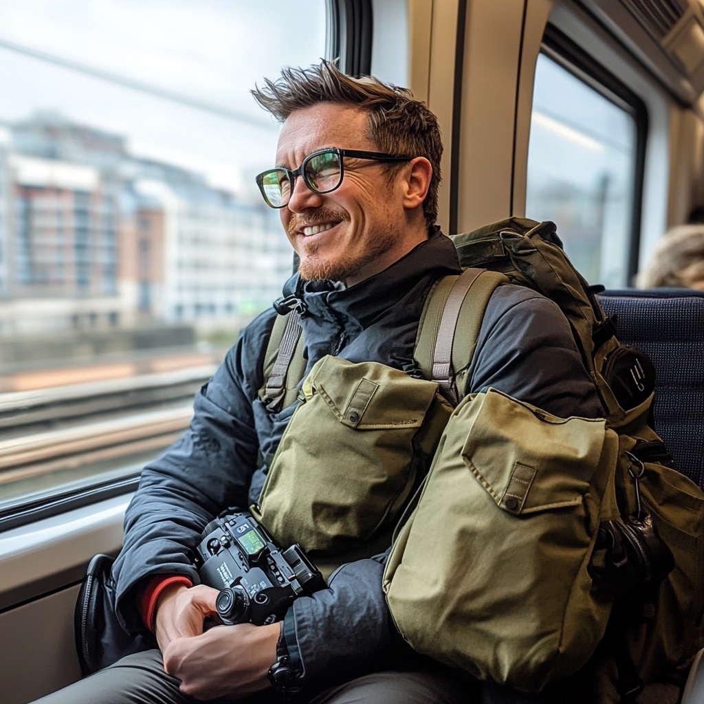 A Happy 35-Year-Old Videographer on the Train