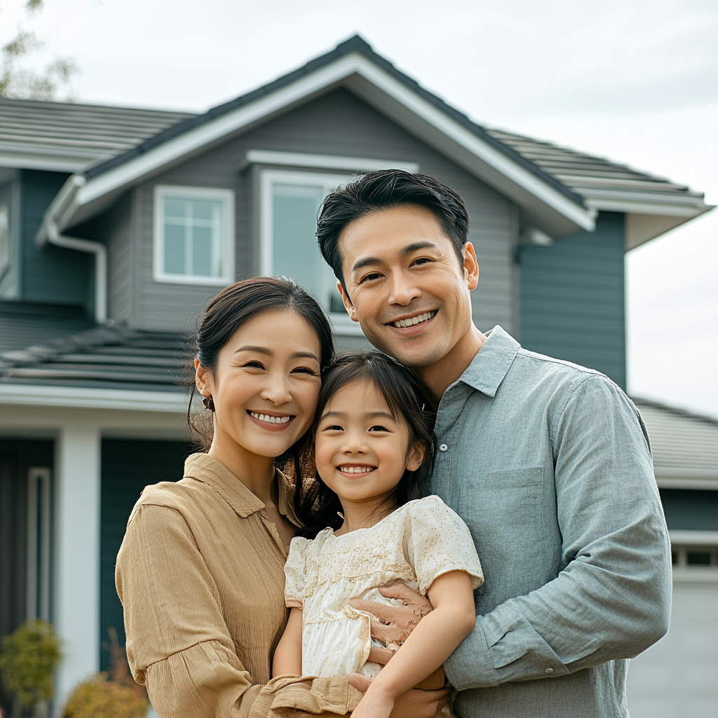 A Happy Asian Family Outside Western House