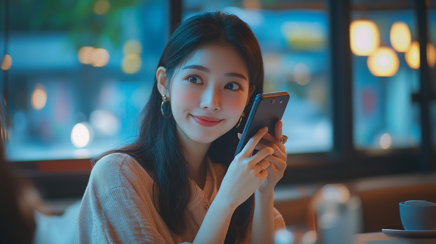 A Happy Asian Woman Managing Finances in Cafe