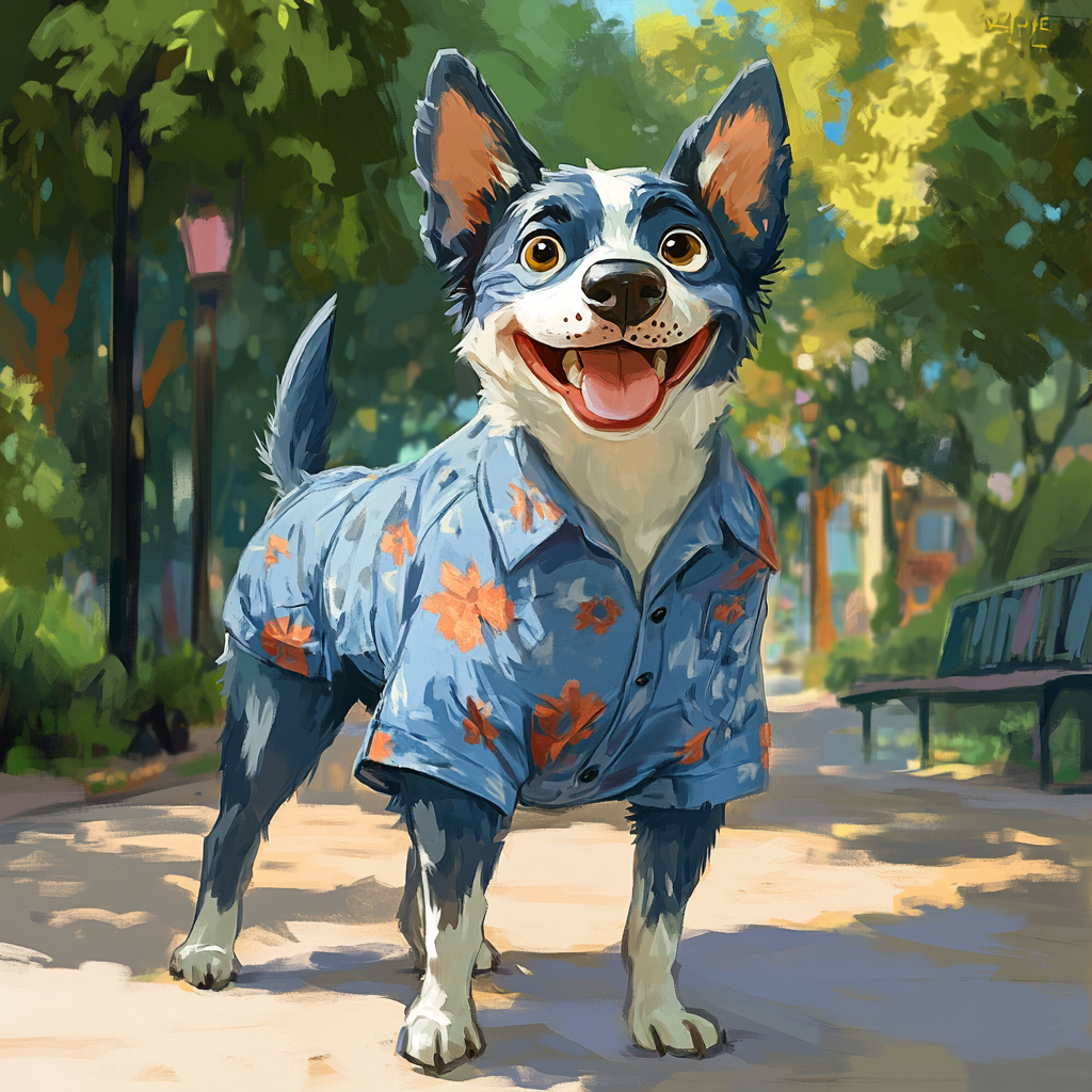 A Happy Blue Dog in a Colorful Park