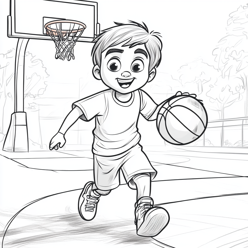 A Happy Boy Playing Basketball in Line Art