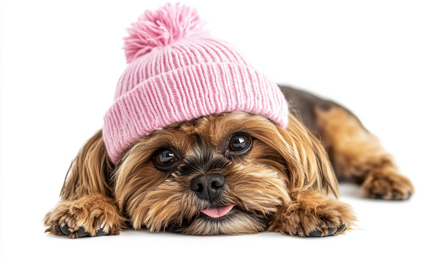 A Happy Brown Shih-Tzu Dog in a Pink Beanie