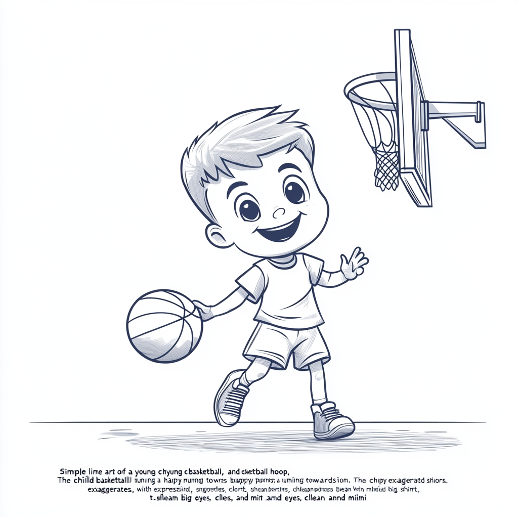 A Happy Child Playing Basketball in Line Art