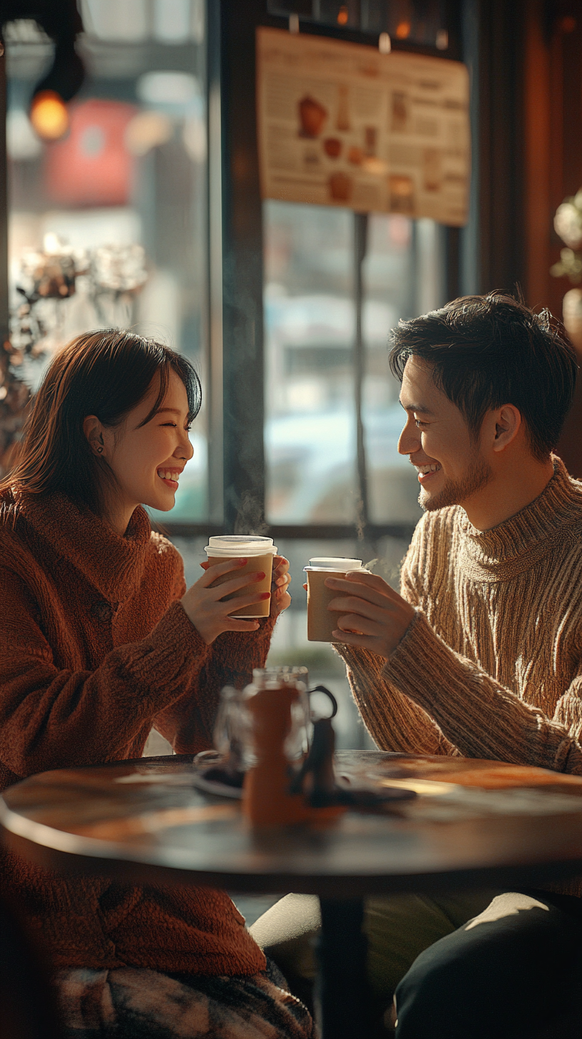 A Happy Couple Enjoying Coffee in a Café