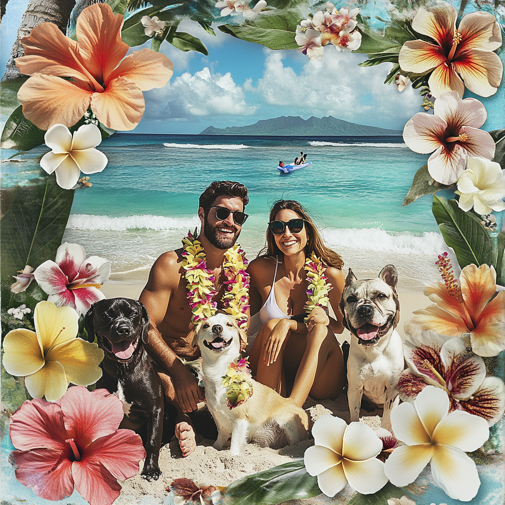 A Happy Couple with Pets on Hawaii's Beach