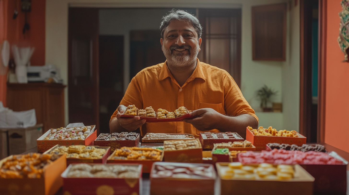 A Happy Dad Enjoying Indian Sweets at Home.