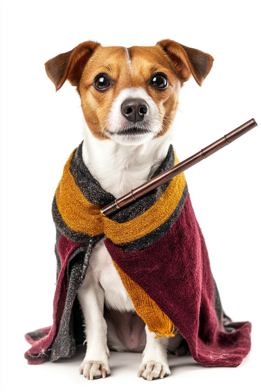 A Happy Dog in Harry Potter Costume