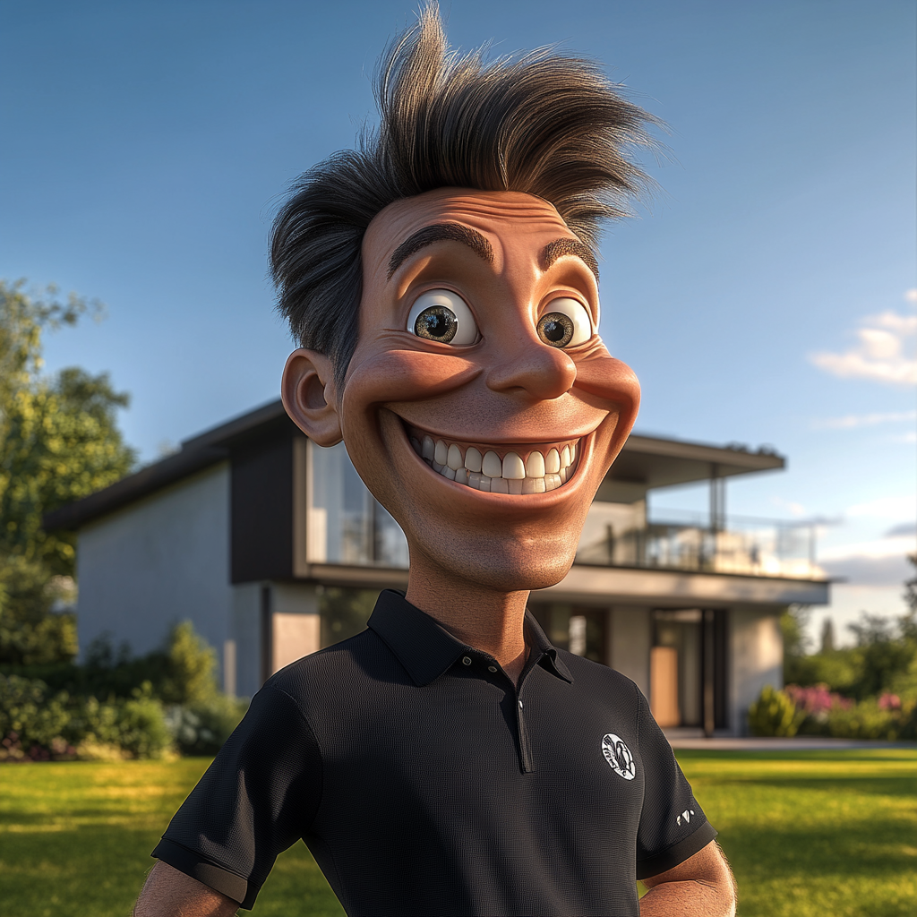 A Happy Engineer in Black Shirt near Modern House