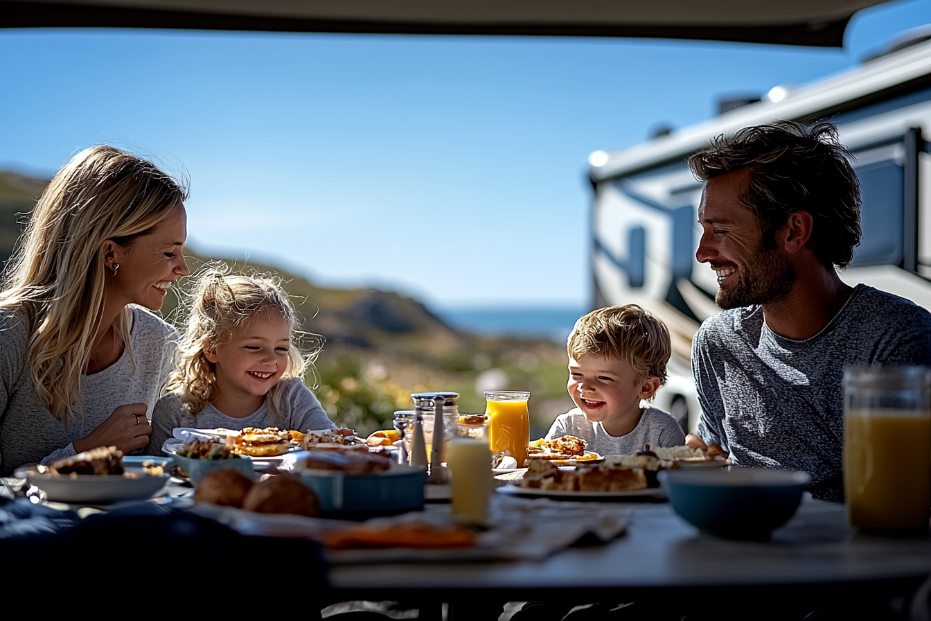 A Happy Family Having Breakfast Outside their RV.