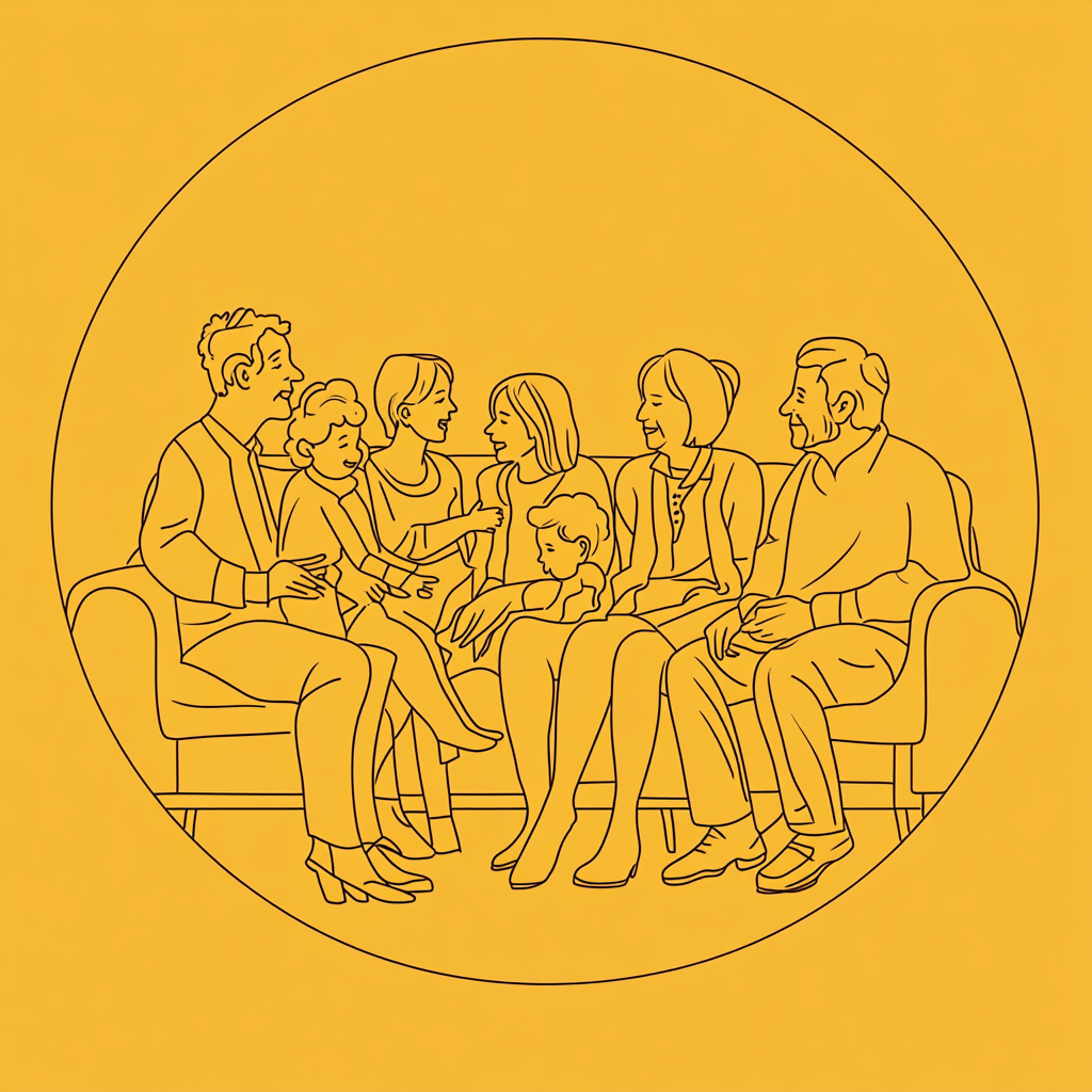 A Happy Family Talking on Mustard Sofa