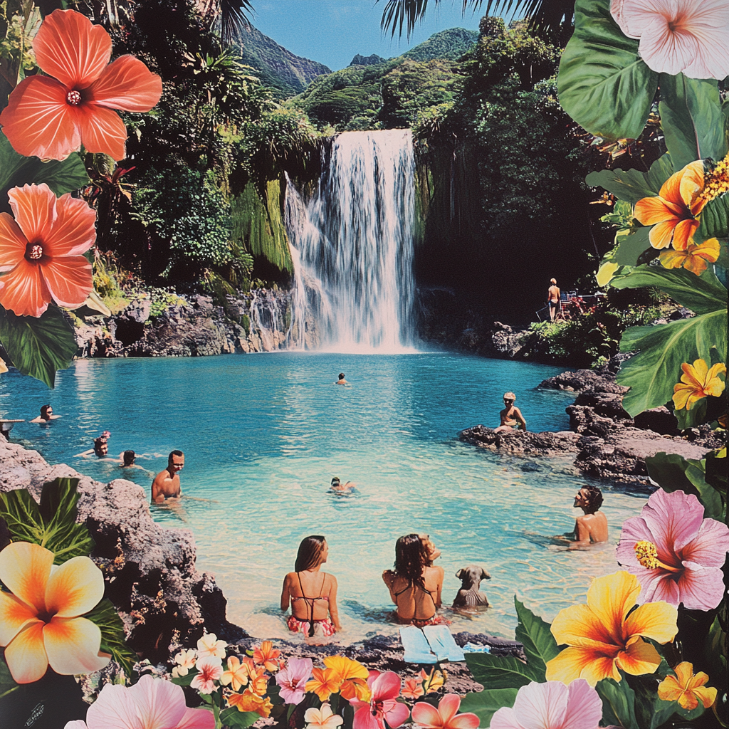 A Happy Family Visiting a Tropical Waterfall Garden