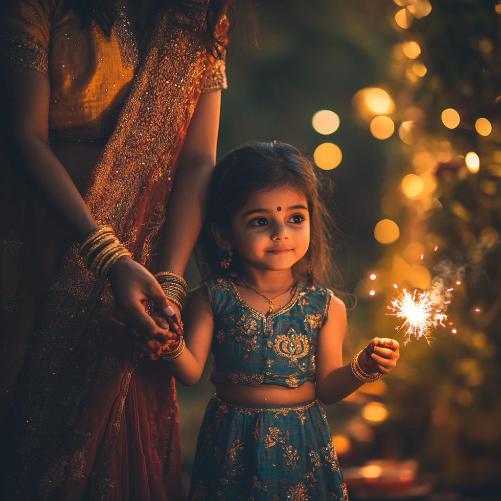 A Happy Indian Mother and Daughter Celebrating Diwali