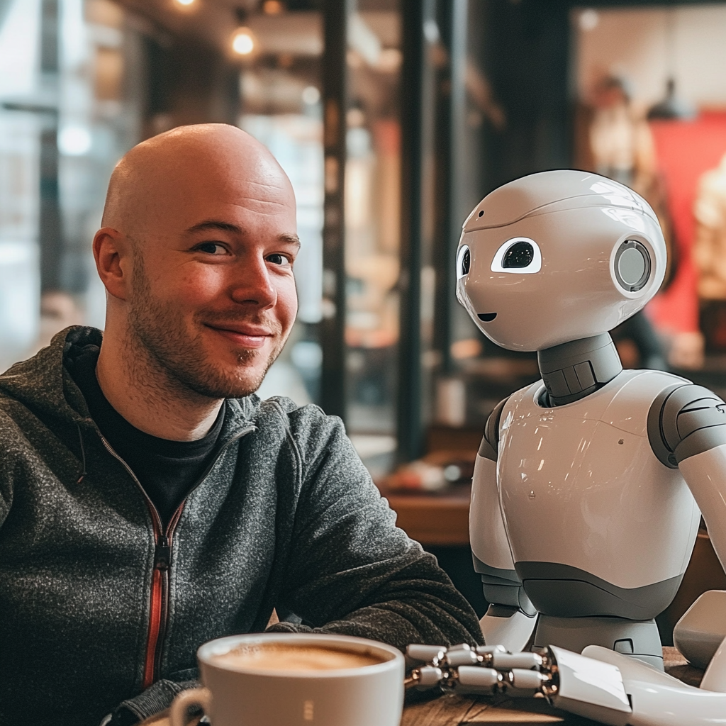 A Happy Man Surrounded by Coffee and Productive Robot