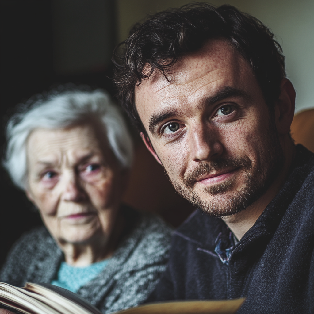 A Happy Man and Elderly Person Reading at Home