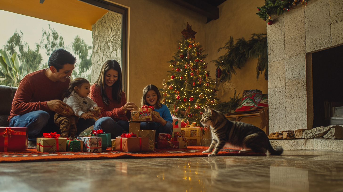 A Happy Mexican Family Opening Christmas Gifts