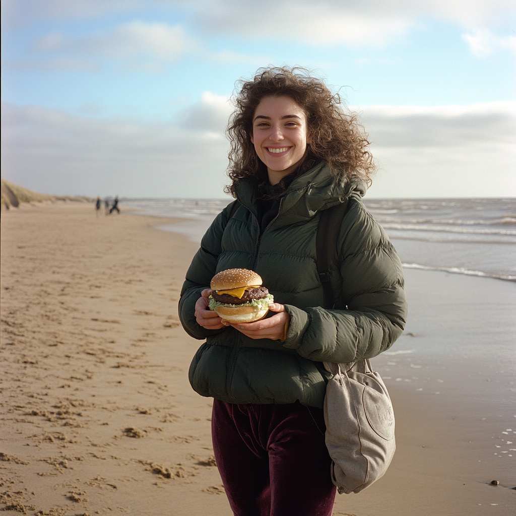 A Happy Young Woman Enjoying Burger on Beach