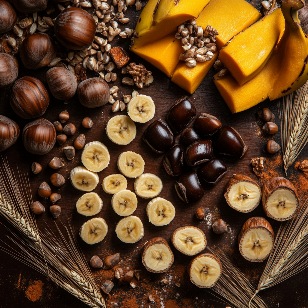 A Harvest Mix of Bananas, Chestnuts, Pumpkin, Wheat