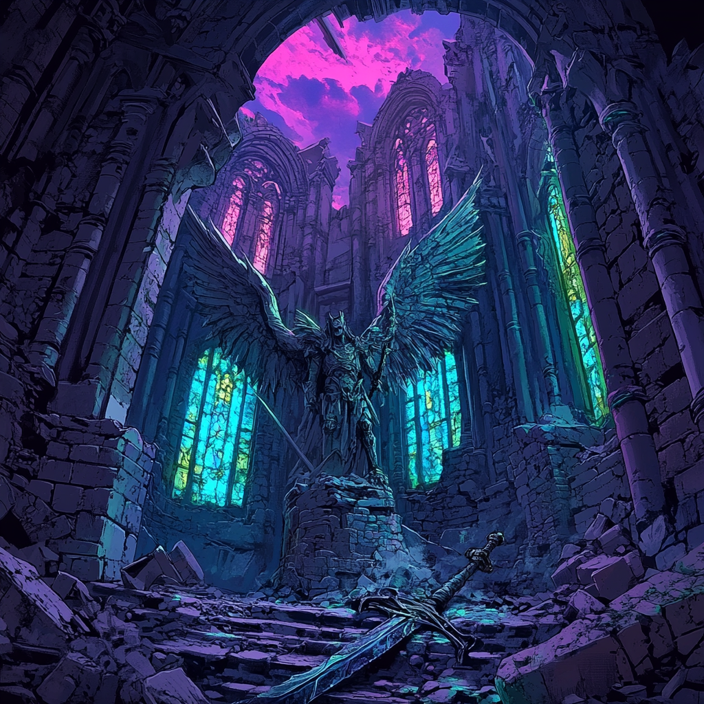 A Haunted Cathedral: Demon Statue and Stained Glass