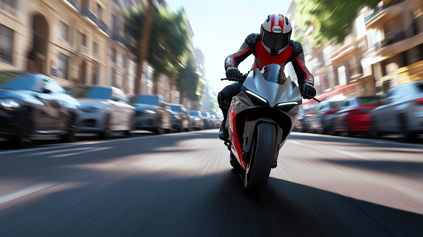 A Helmeted Motorcyclist Racing Between Rows of Cars