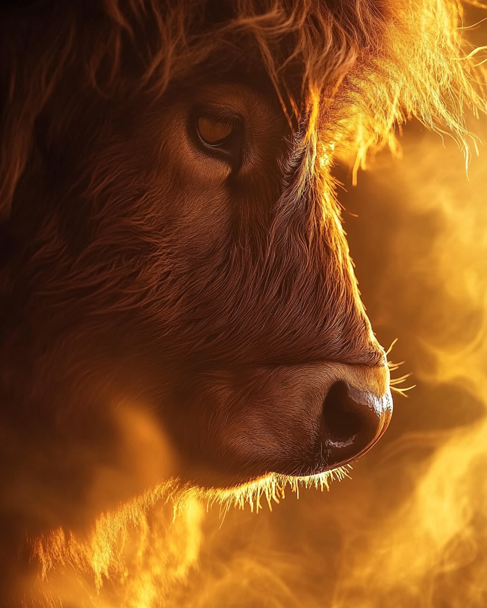 A Highland cattle bull with detailed fur and golden light.