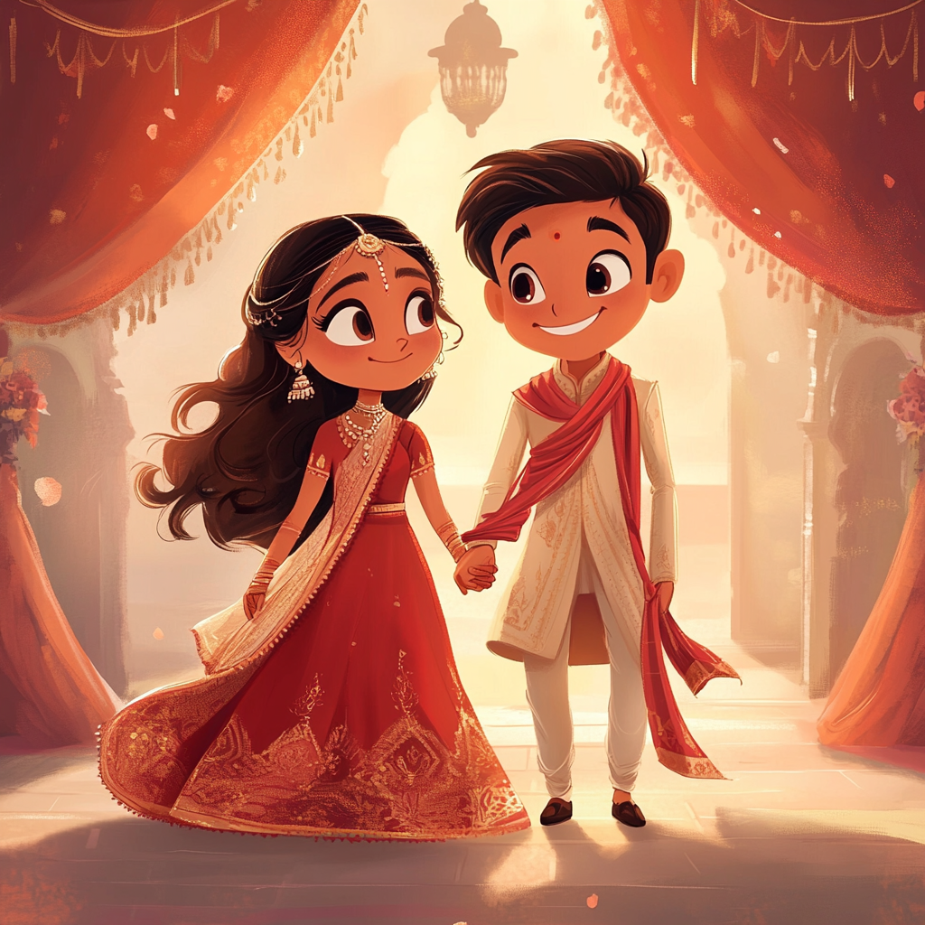 Disney Style Indian Bride and Groom Illustration