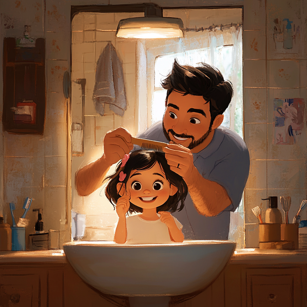 A Hispanic father styles toddler daughter's hair joyfully