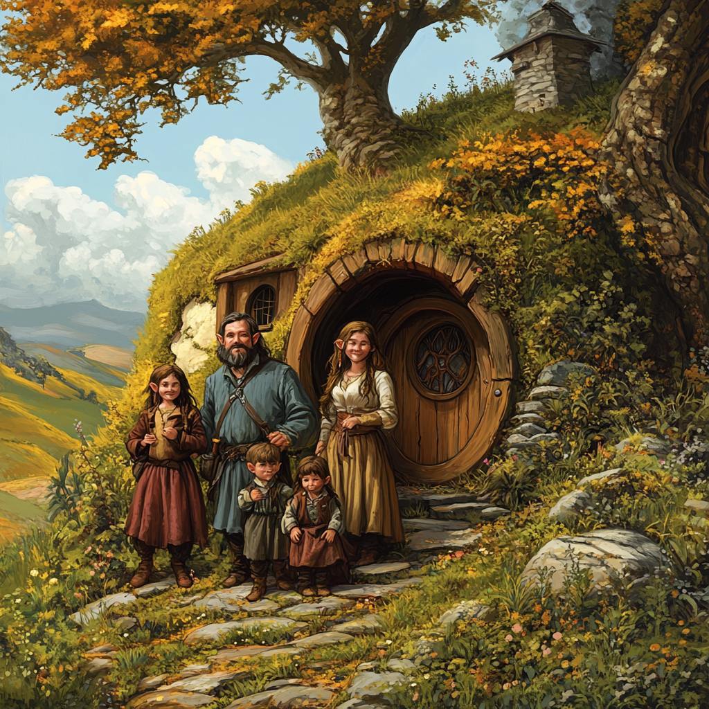 A Hobbit Family Stands Outside Their Hill Home.