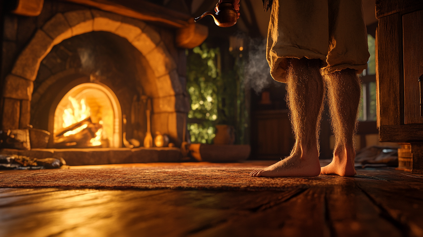 A Hobbit at Home: Bilbo by Fireplace