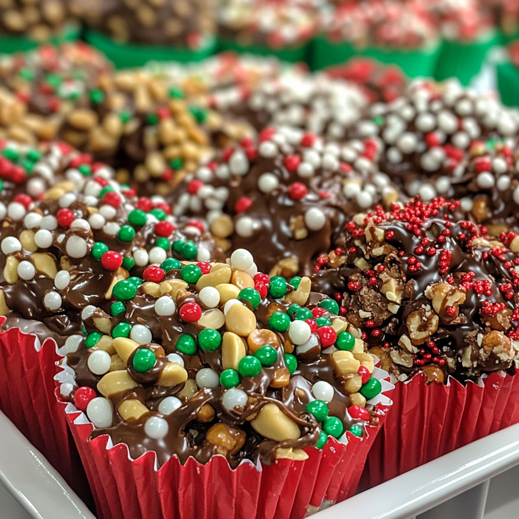 A Homemade Festive Chocolate Peanut Cluster Display