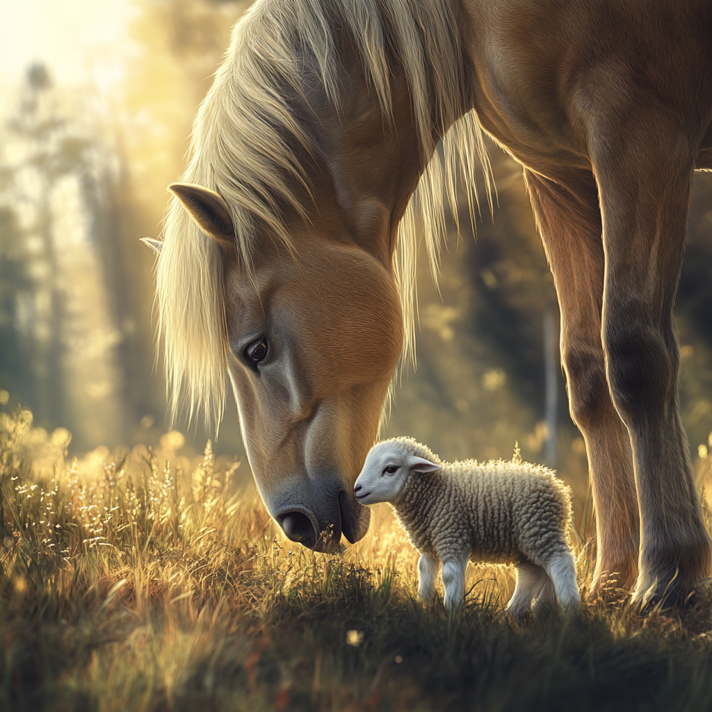 A Horse and Lamb in Peaceful Friendship