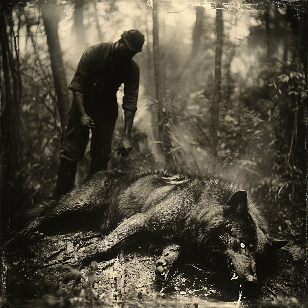 A Hunter Stands Over Dead, Rabid Wolf