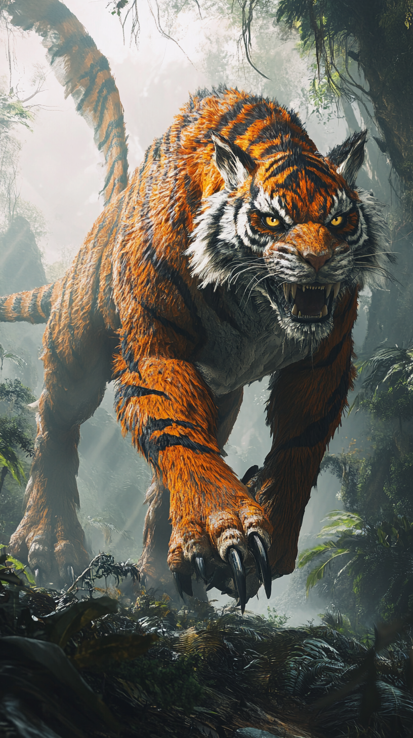 A Hybrid Tiger-Therizinosaurus in the Misty Jungle