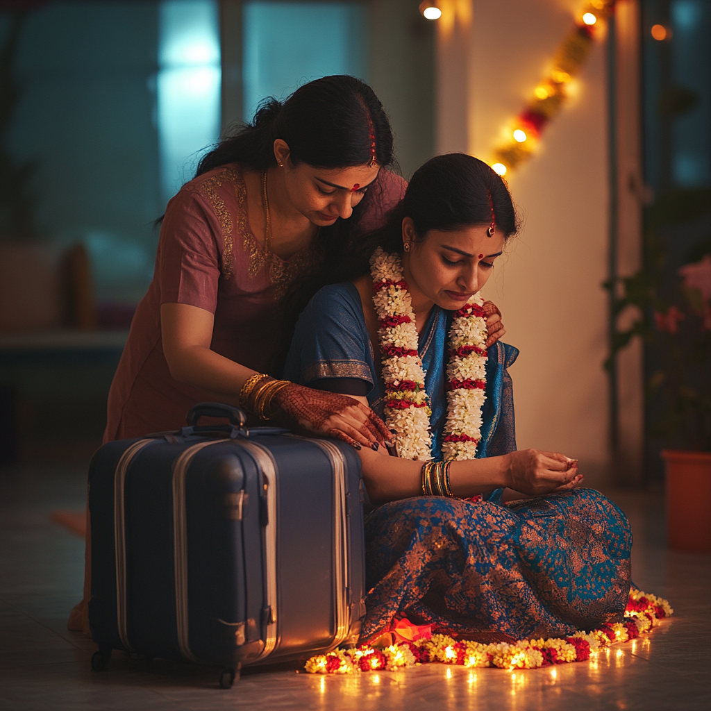 A Indian Mother comforts daughter during packing