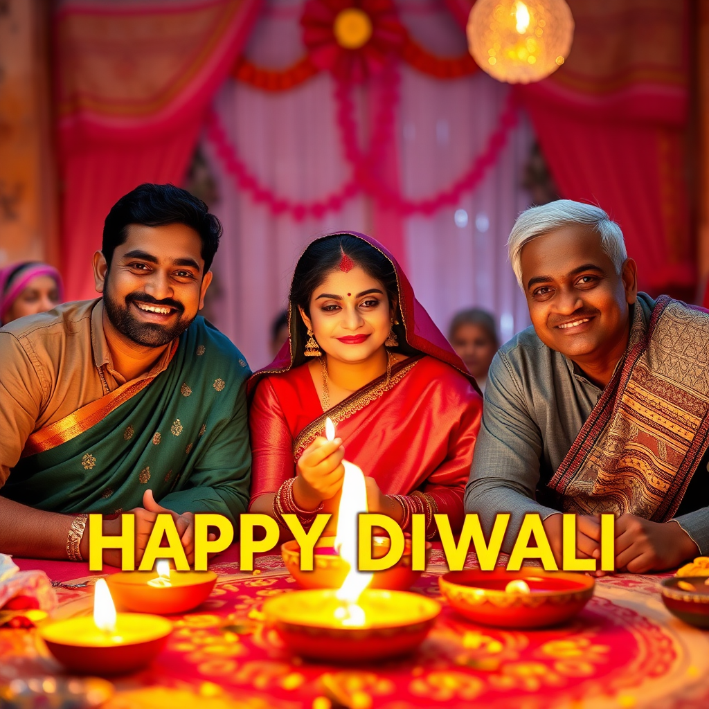 A Indian family celebrates Diwali with text.