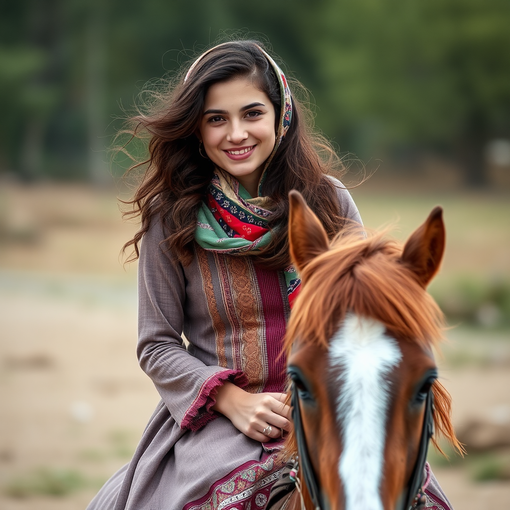 A Iranian Muslim girl riding a strong horse.