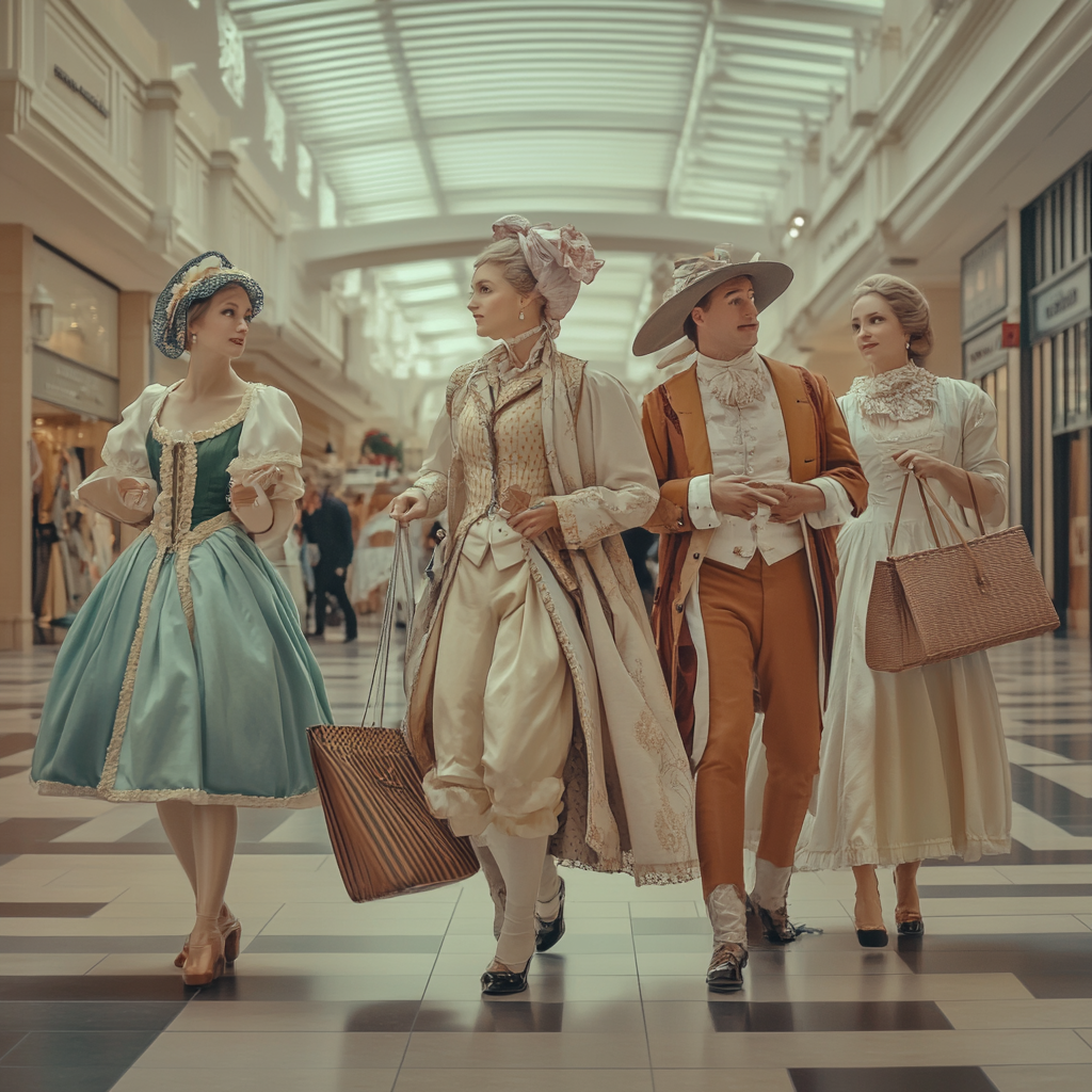 A Jane Austen character-filled mall, Benny Hill style.