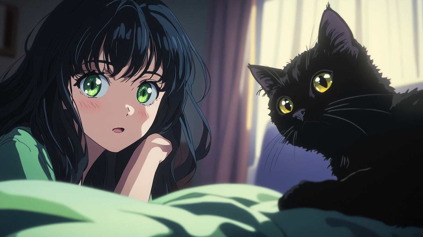 A Japanese Anime Girl with a Black Cat