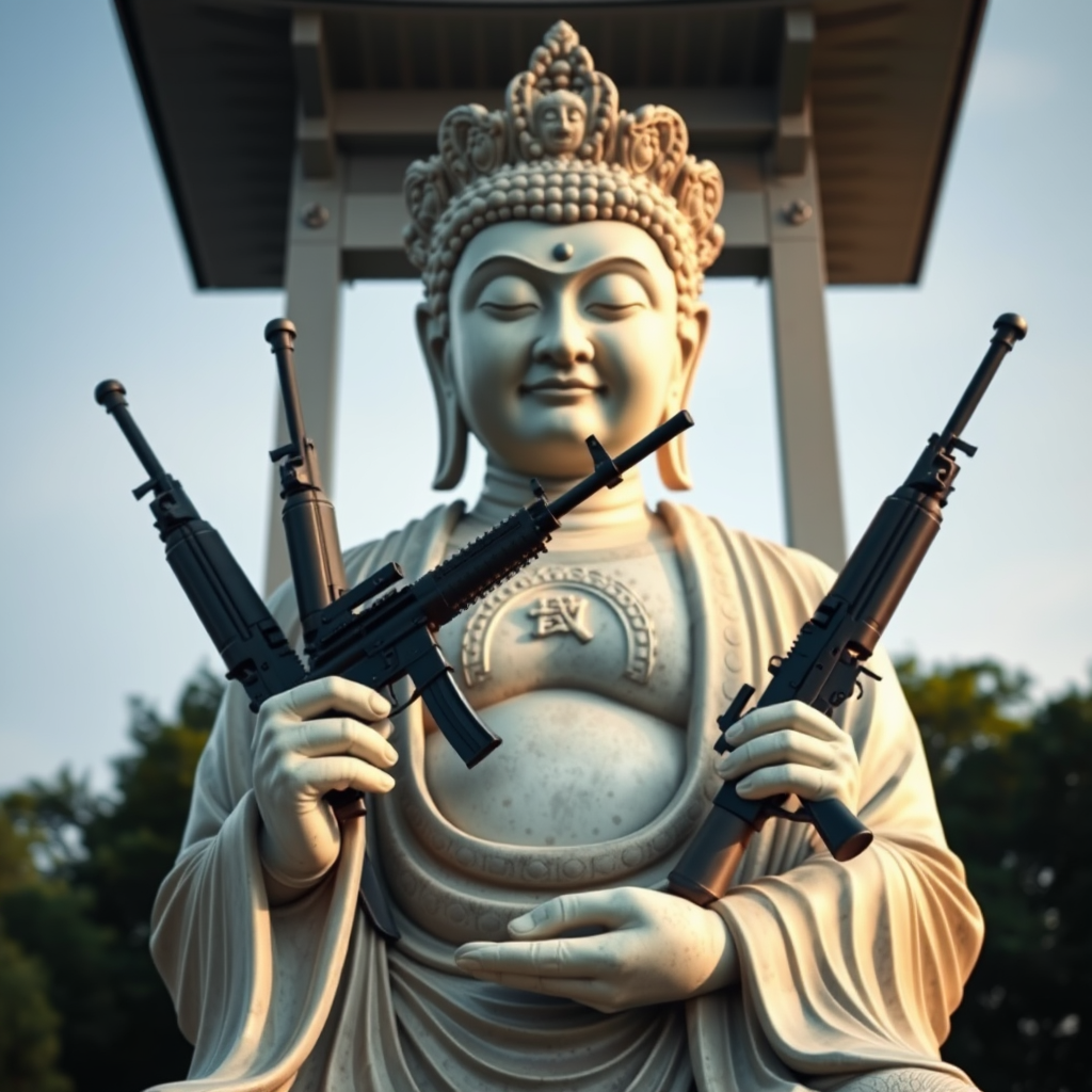 A Japanese Buddha Statue Holding Many Rifles
