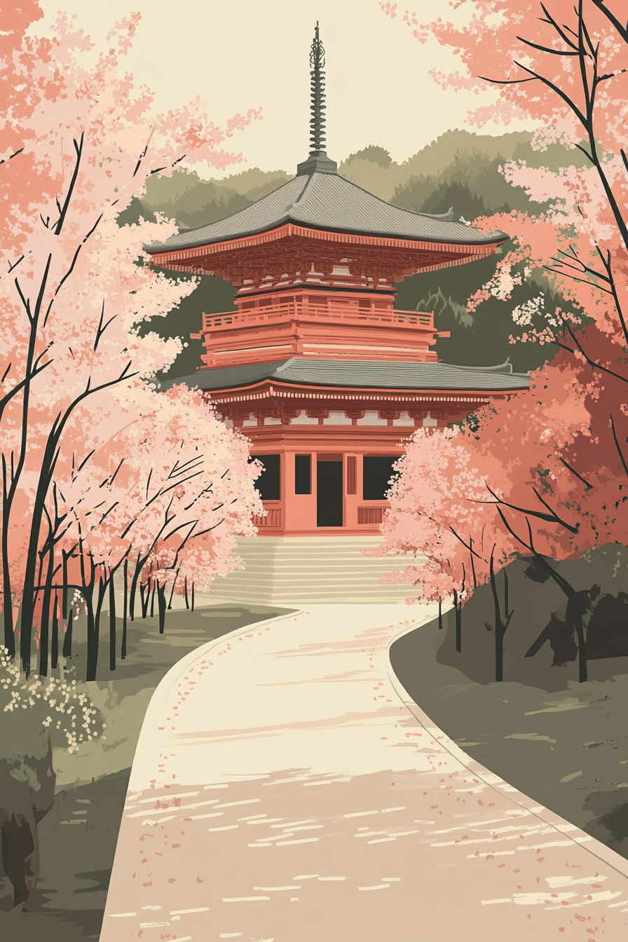 A Japanese Temple with Sakura Blossom Trees