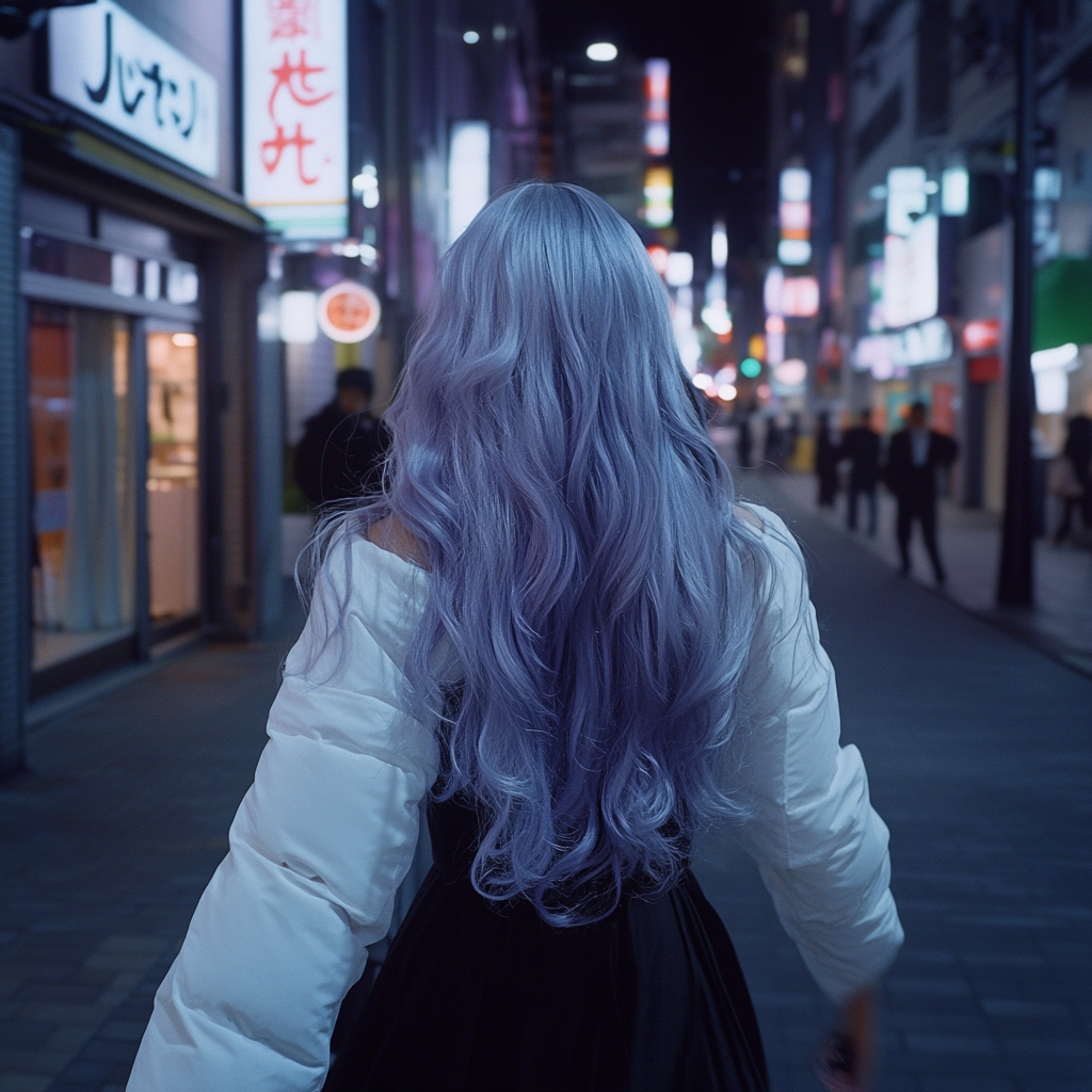 A Japanese Woman Strolling Shibuya Streets at Night