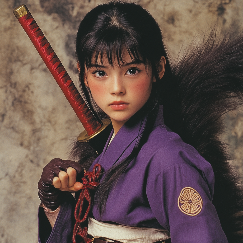 A Japanese boy in purple fighting uniform with tail.