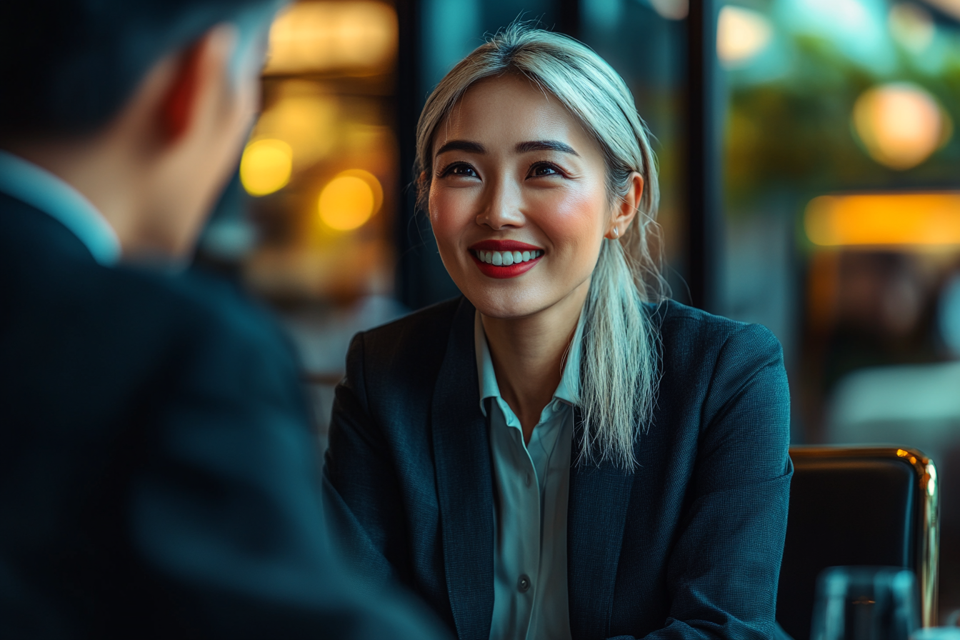 A Japanese businesswoman meeting a supportive bank officer