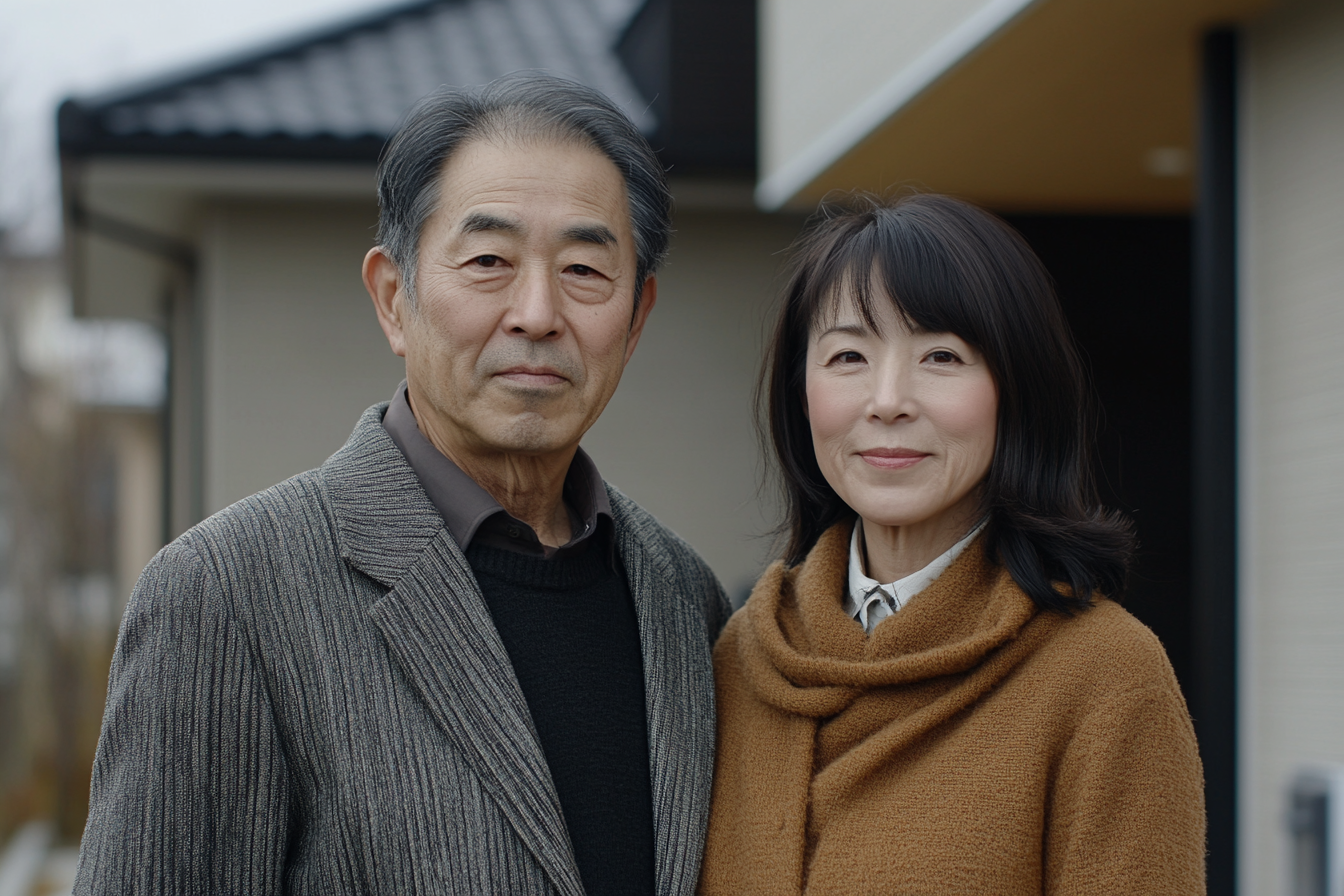 A Japanese couple in front of new home